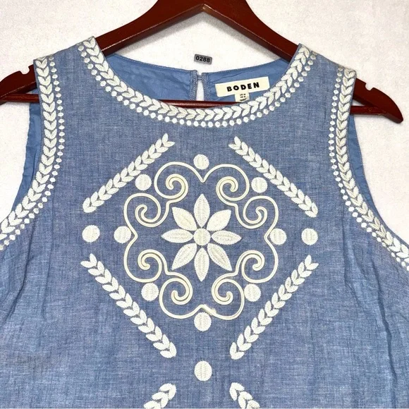 Boden Linen Blend Women’s Embroidered Top in Chambray Blue White size 12 - Picture 6 of 12